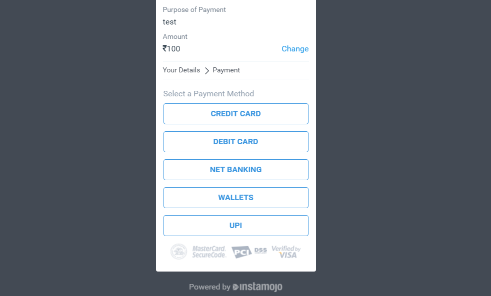 Modes of payment via Instamojo