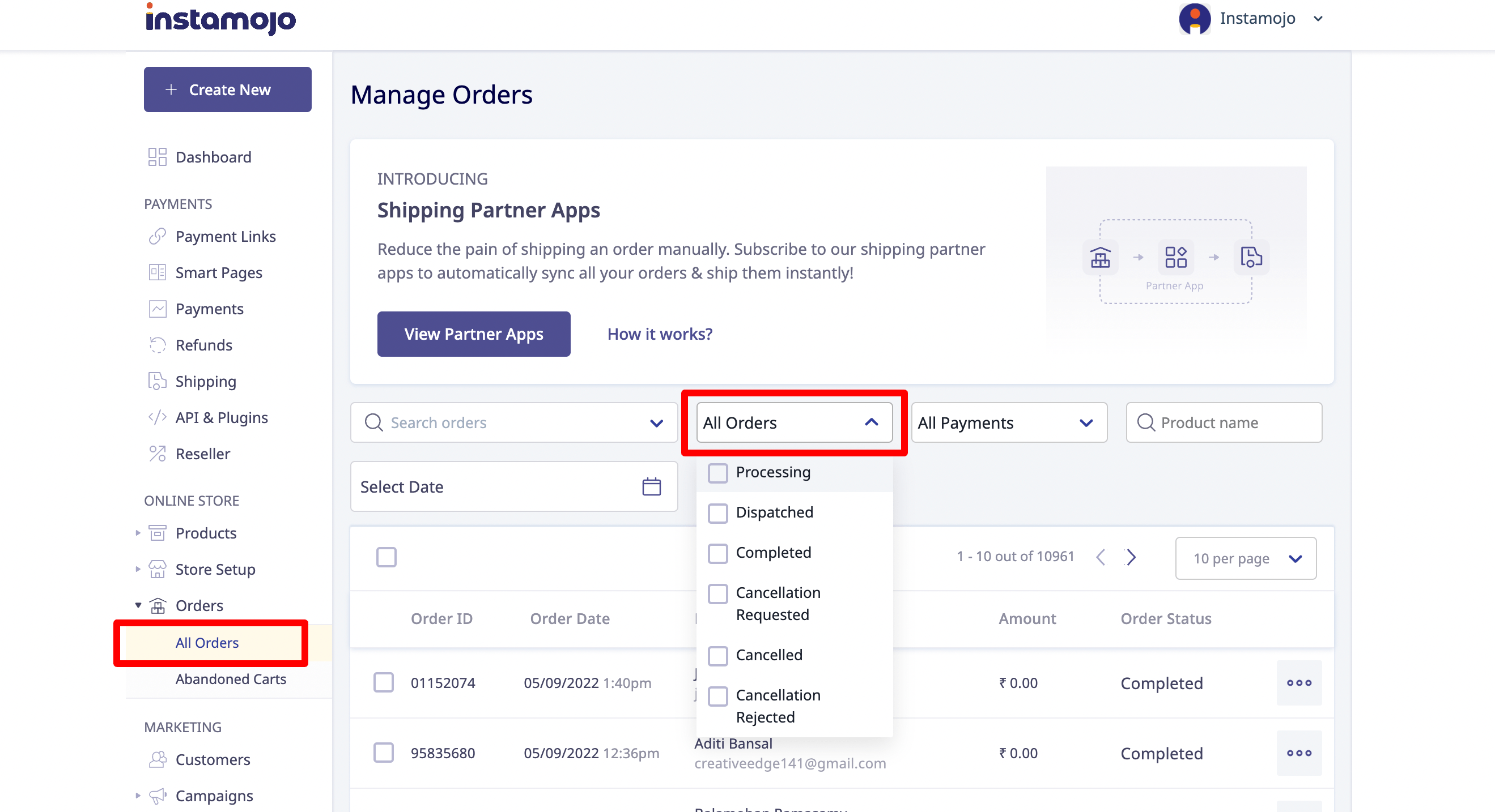 manage orders and shipping on instamojo online store