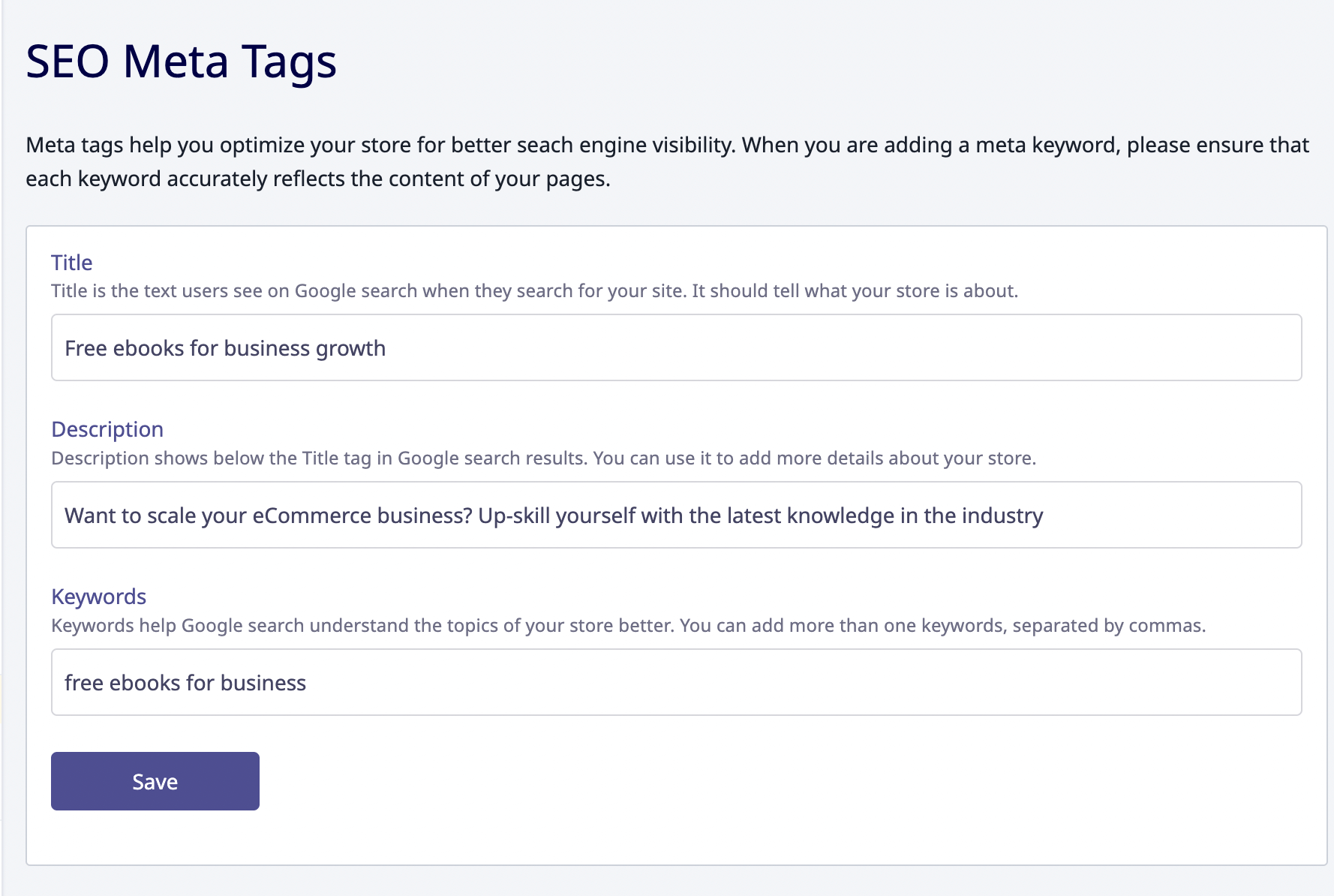 adding seo meta tags on instamojo store