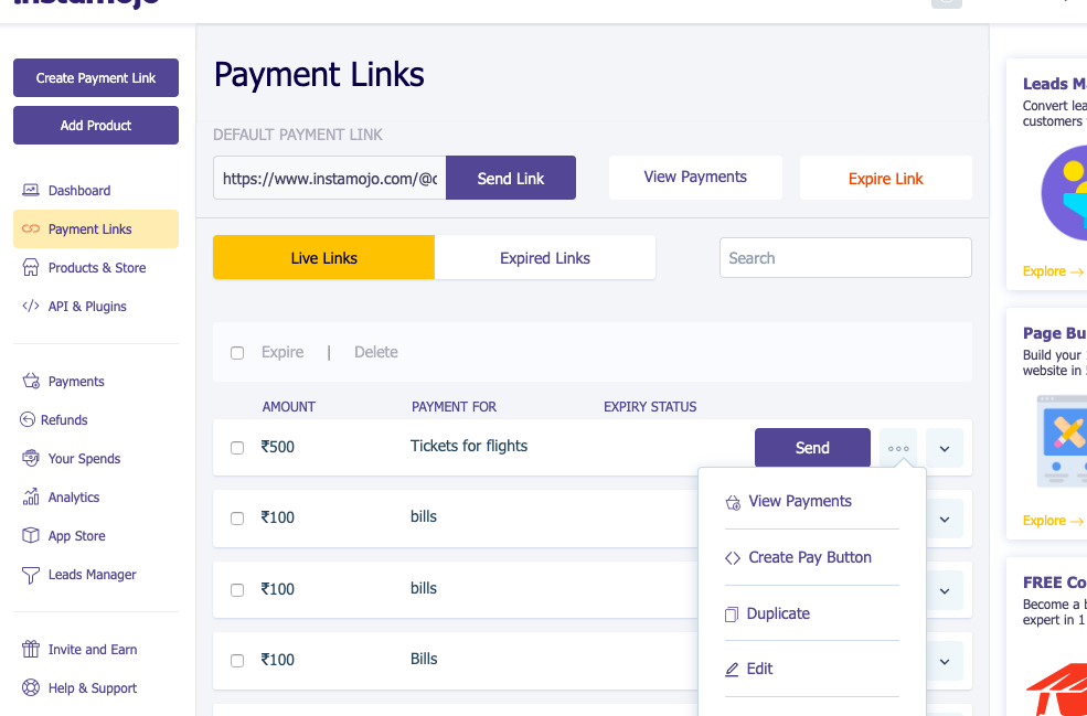 create payment link instamojo